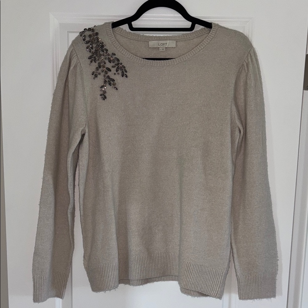 LOFT Cream Crew Neck Sweater with Embellished Shoulder